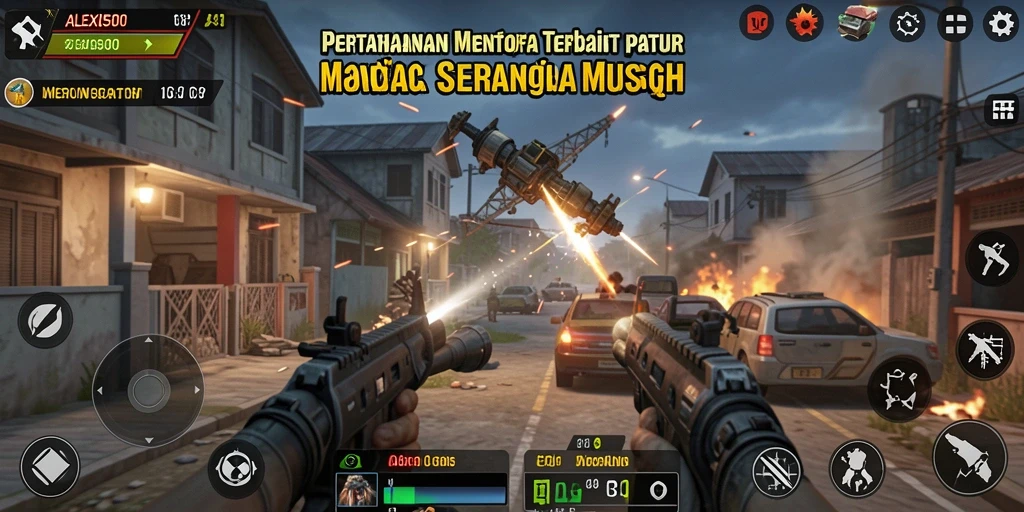 Screenshot gameplay ALEXIS500 menunjukkan menara dan musuh yang beragam.