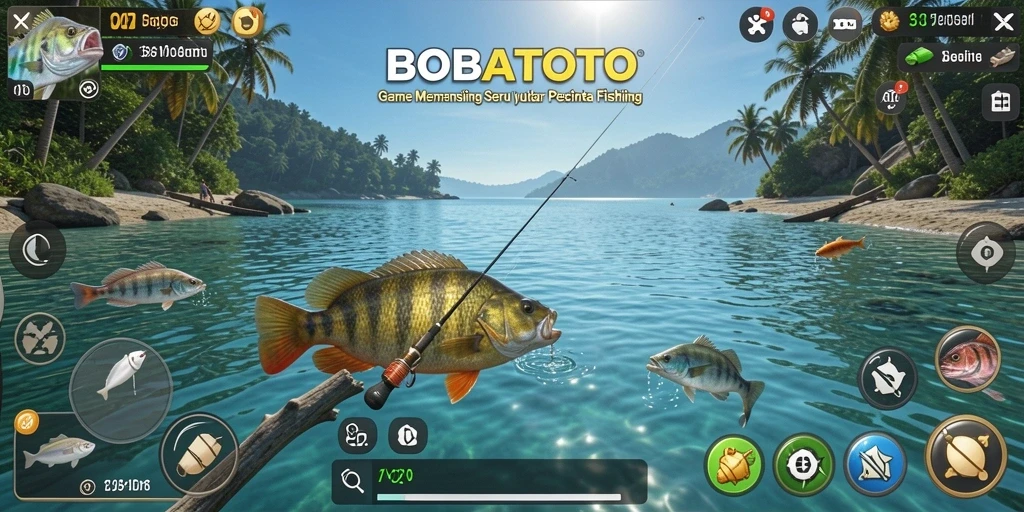 Screenshot gameplay BOBATOTO yang menunjukkan aksi memancing yang seru.