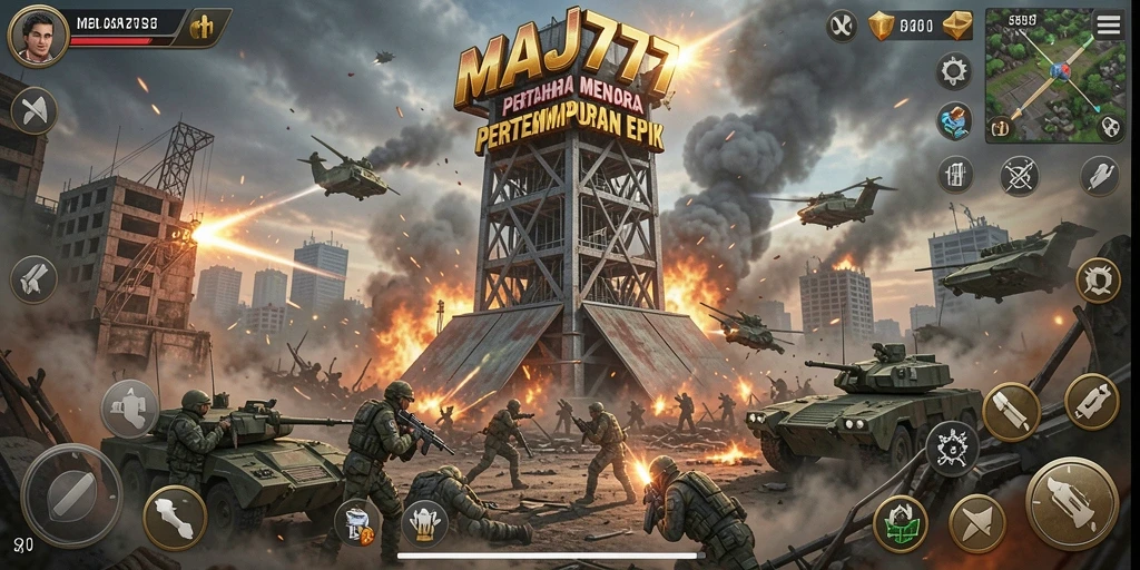 Tampilan epik menara dan pertempuran dalam gameplay Tower Defense.