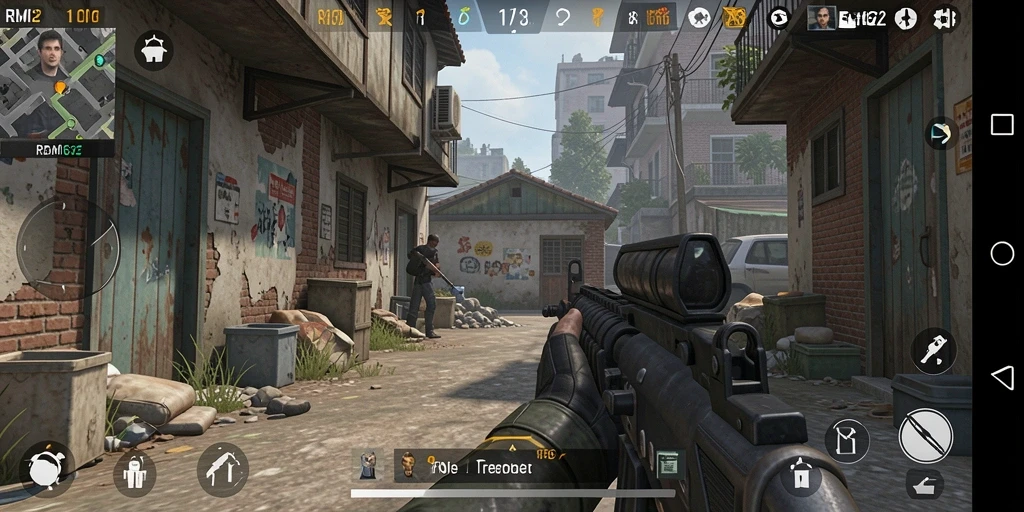 Screenshot menampilkan aksi intens dalam game FPS REMI62.