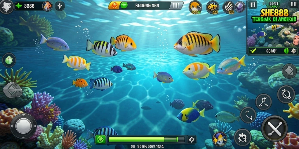 Tampilan gameplay SHE888 dengan aksi menembak ikan yang seru.