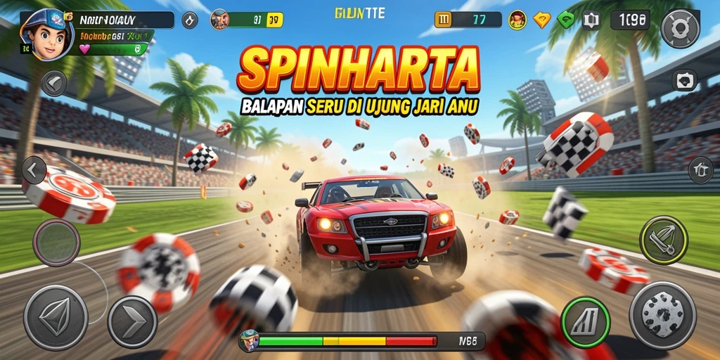 Screenshot gameplay SPINHARTA menampilkan aksi balapan yang mendebarkan.