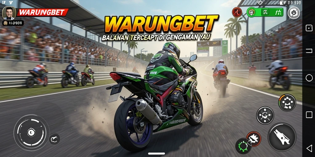Screenshot utama WARUNGBET menampilkan aksi balapan motor yang mendebarkan.