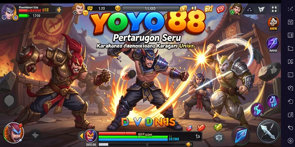 Tampilan screenshot utama dari YOYO88 menampilkan pertarungan seru antara karakter.